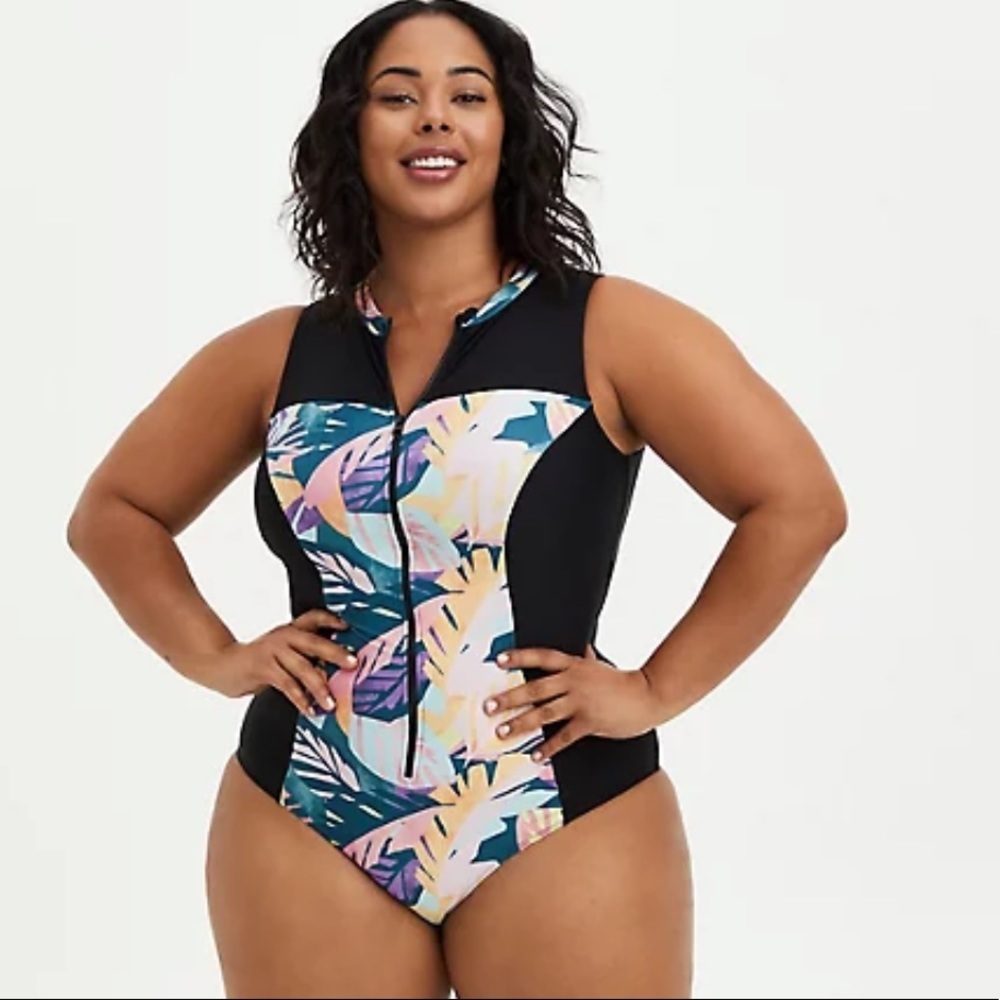 Torrid Tropical Zip Front Active Swim One Piece